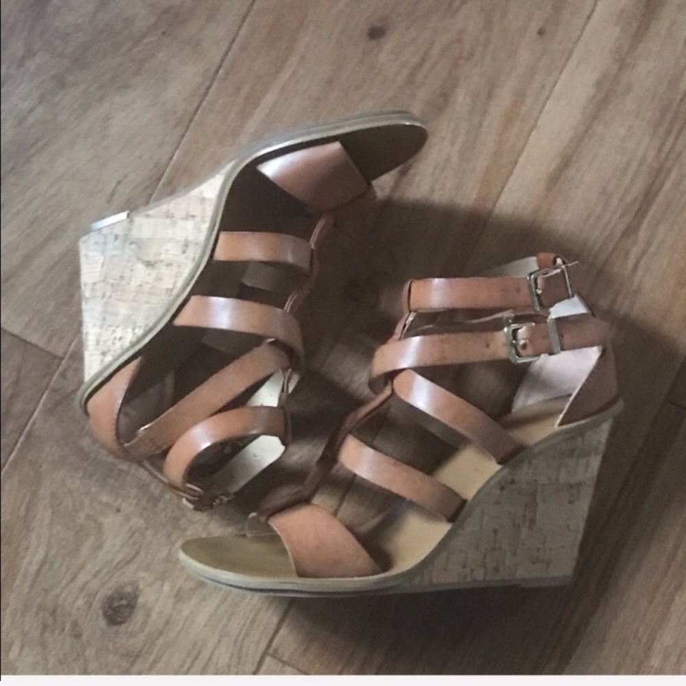 Express Women’s  Tan Strappy Cork Wedge Sandals Size 9